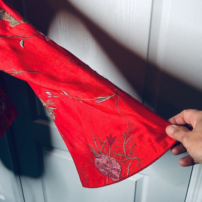 XXL Chinese Asian Large collar button up top RED Satin Feel Floral blouse top
