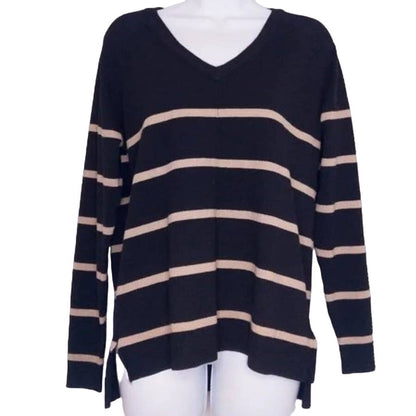 Bobeau V-Neck Front Seam Striped Pullover Top XL/Extra Large Black Oatmeal NWT