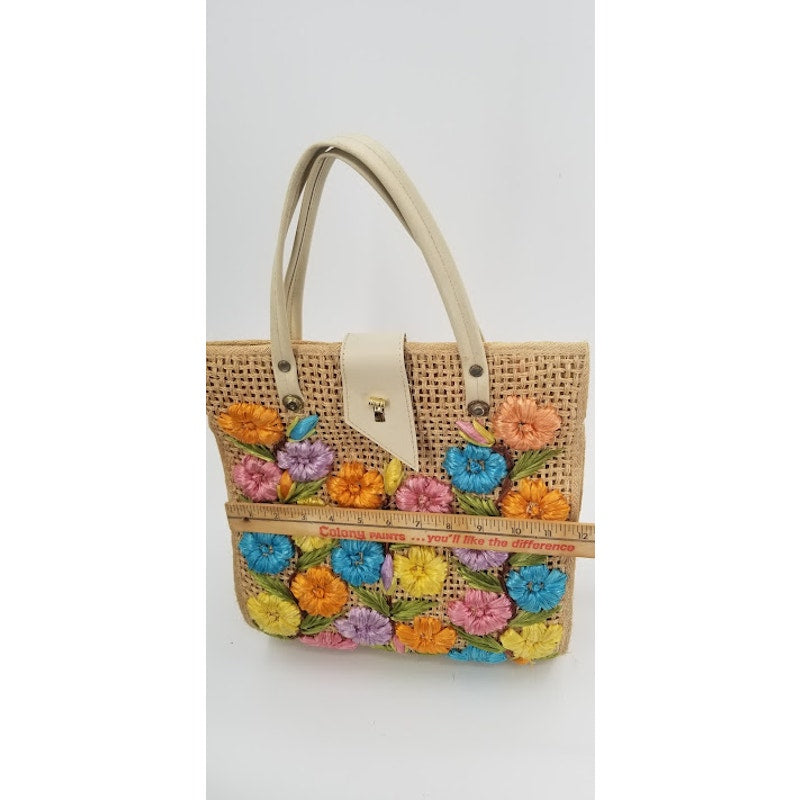 Vintage Floral Flowers Straw Hand Bag Purse Tote Phillipines