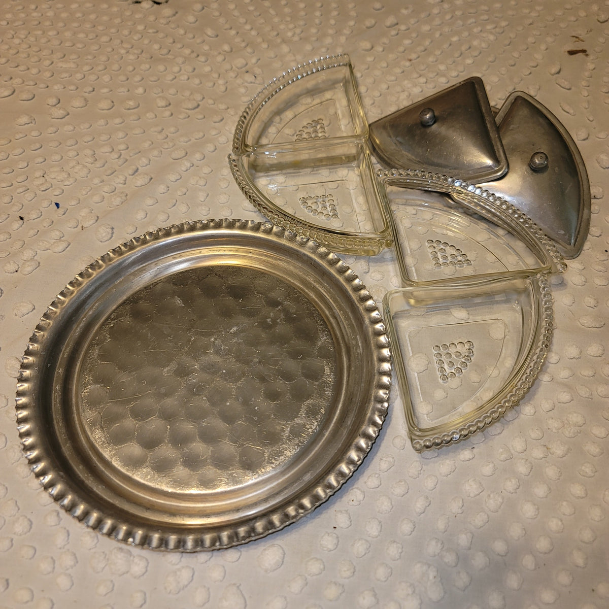 Vintage Aluminum tray 4 Glass compartments Server Vanity Jewelry storage Relish