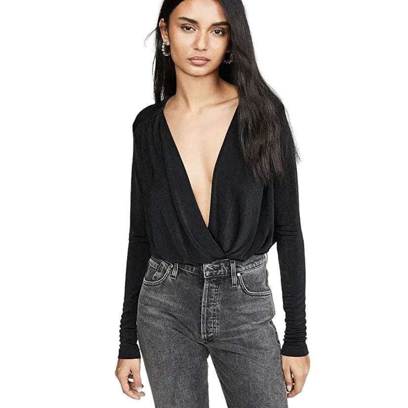 Free People Intimately Turnt Bodysuit Small Black NEW Surplice V-Neck Slinky