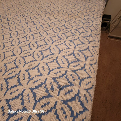 Vintage blue white chenille Bedspread coverlet queen fringe 90" x 100"