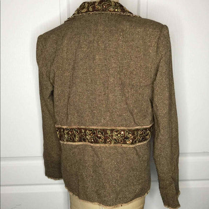 Parisian Raw edge jeweled blazer 16 Tan Bronze Vintage Collar Long Sleeve Casual