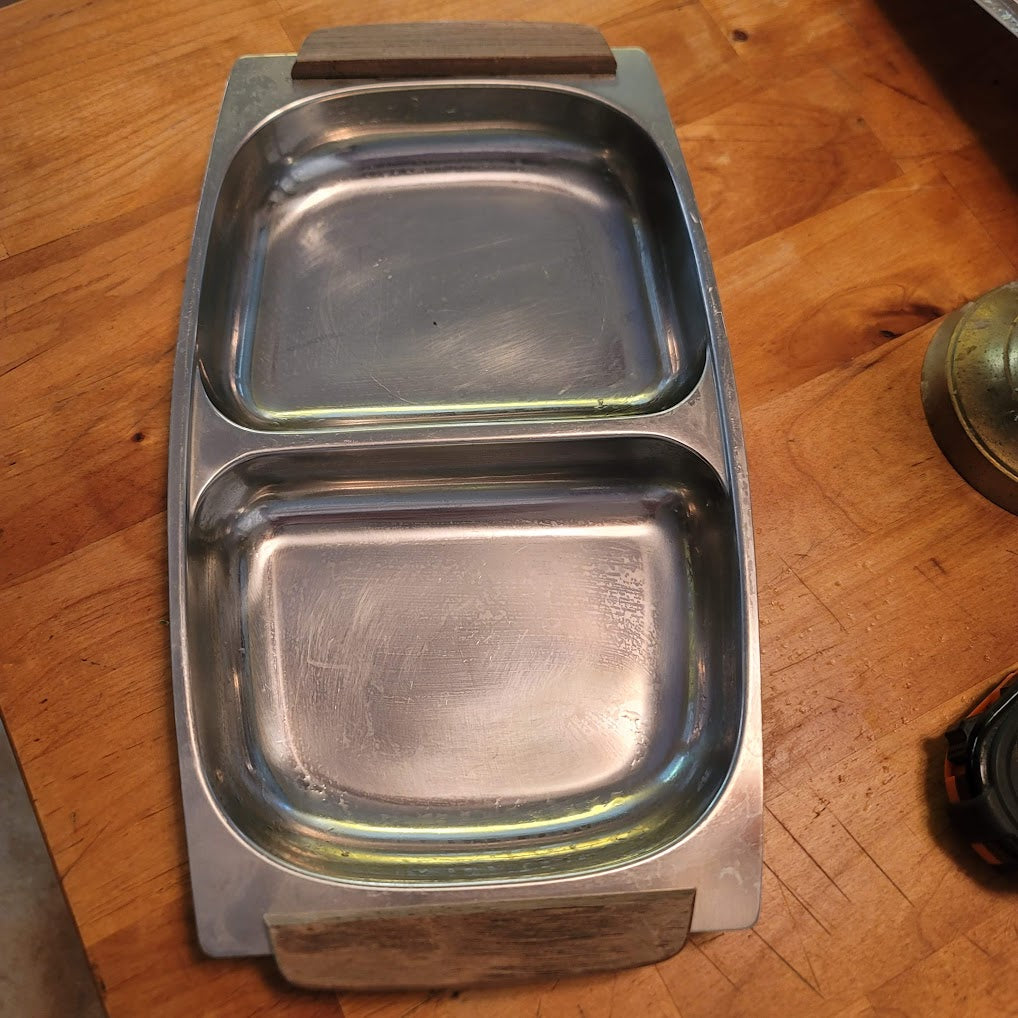Vintage Mid Century Modern Danish Selandia Double Tray Stainless Steel & Wood