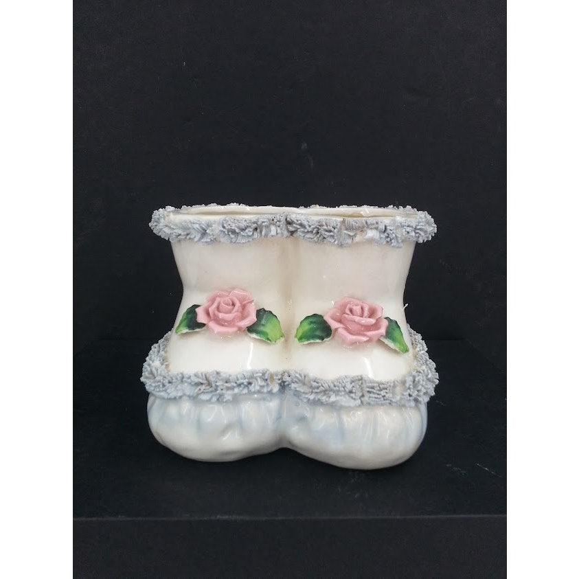 Vintage Reliable Glasware & Pottery Co 1956 Planter Vase Baby Shoes Infant Birth