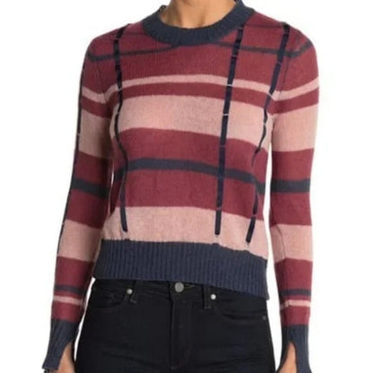 Ella Moss Denise Pullover Sweater Medium Maroon/Navy Stripe NEW Ribbon Trim
