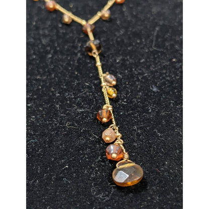 Vintage Handmade Brown Beaded Y Drop Golden Chain Necklace Hoop Earrings Set