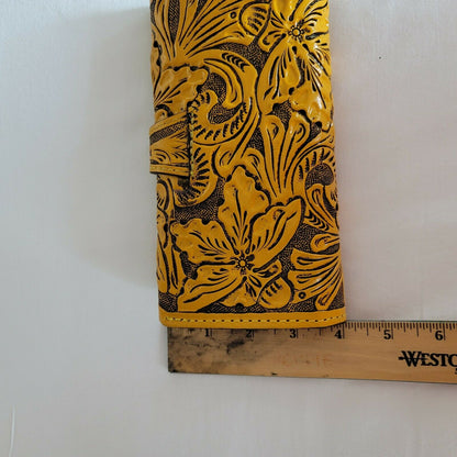 Hand tooled leather wallet Mustard yellow 7 1/2"x 4" BOHO Chic Mexican Artisan