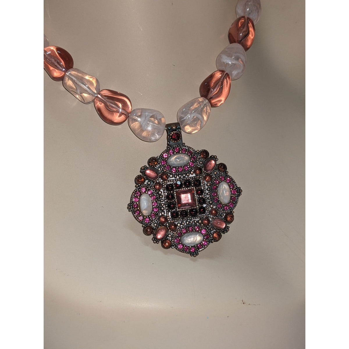 Vintage Costume Jewelry Pink Red White Rhinestone Pendant Beaded Neck
