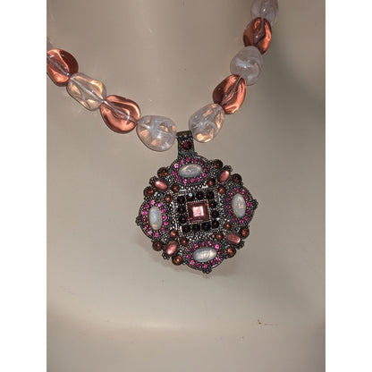 Vintage Costume Jewelry Pink Red White Rhinestone Pendant Beaded Neck