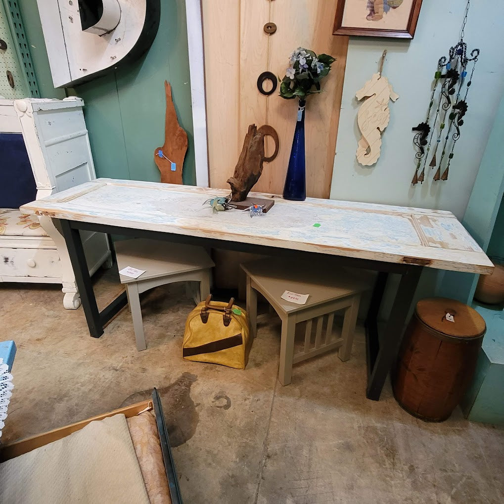 SECONDHAND SANDIES Custom made table 24" x 80" Old door sofa dining display