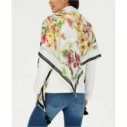 INC International Concepts Garden Pink Floral Black Tassel Square Scarf NWT