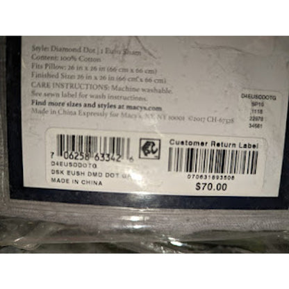 Charter Club Damask Diamond Dot Cotton Med Gray jacquard European Sham New