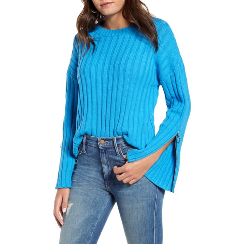 J.o.a. Pullover Sweater Zipper Sleeve Cuff Trim Ribbed Blue Size Small Winter