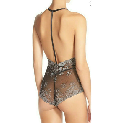 Free People Intimately Too Cute Bodysuit Charcoal Small NWT Mesh Lace
