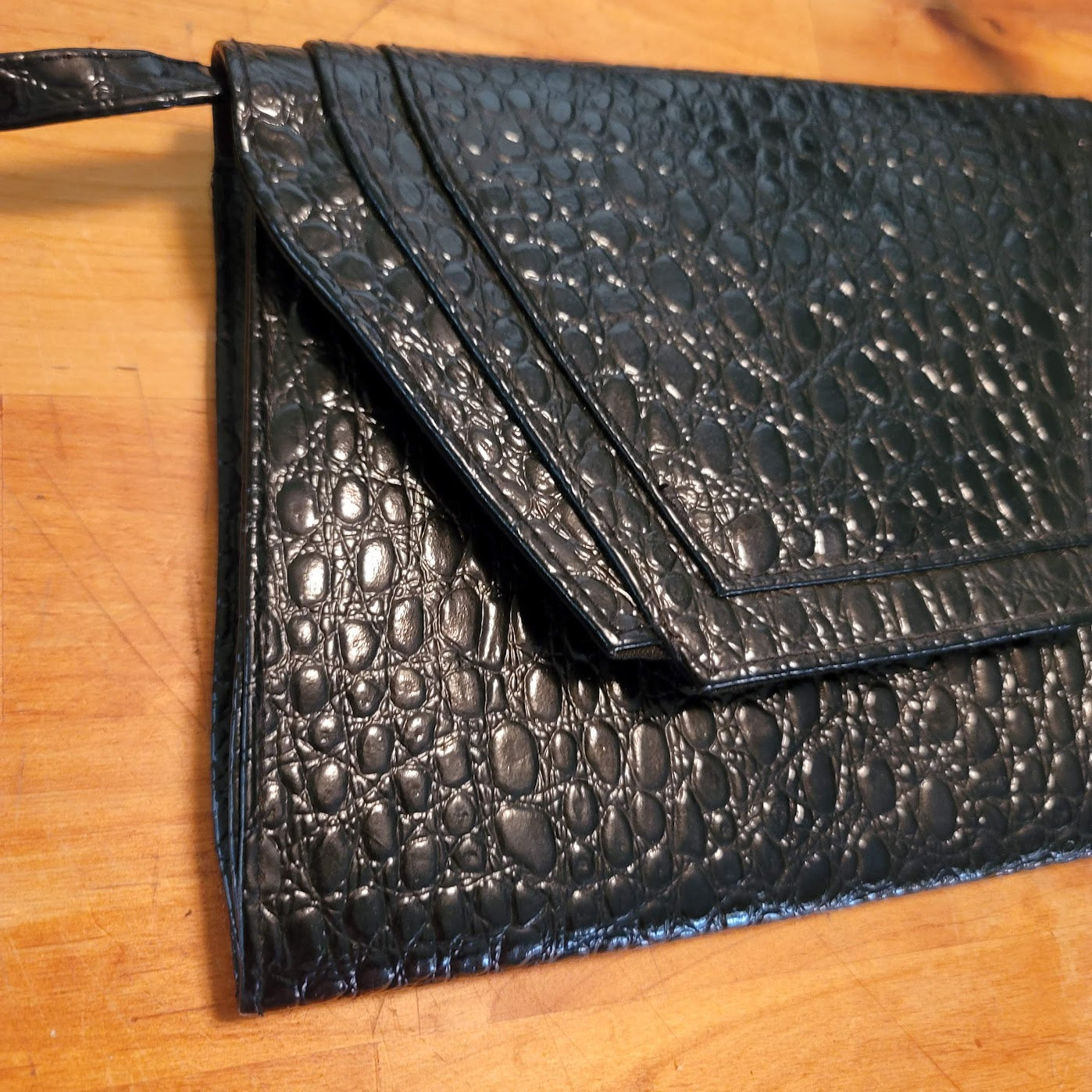 Vintage Black Faux Alligator Clutch Shoulder Bag Mid-Century Modern Glam