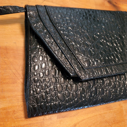 Vintage Black Faux Alligator Clutch Shoulder Bag Mid-Century Modern Glam
