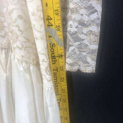 Vintage 80s Gold Lace Sheer Illusion High Neck Drop Waist Midi Dress Wedding