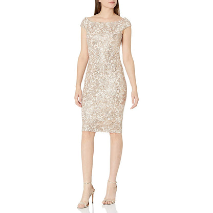 Vince Camuto Sequin Off The Shoulder Sheath Cocktail Dress Back Zip Sand Size 8