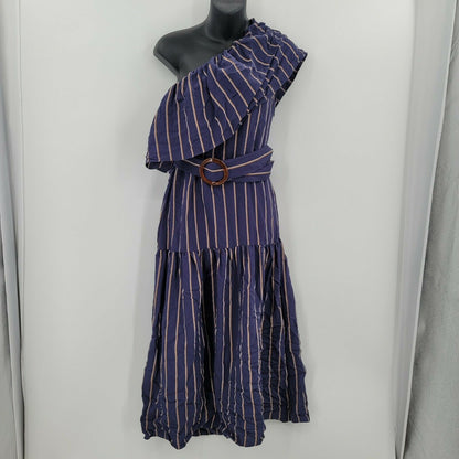 Topshop One Shoulder Striped Belted A-Line Midi Dress Blue/Brown Size 4