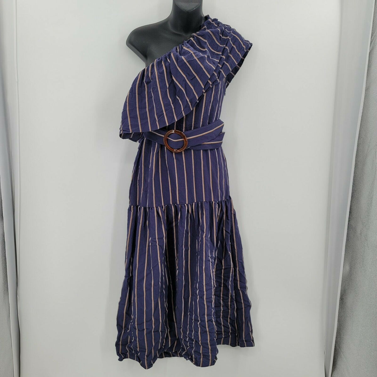 Topshop One Shoulder Striped Belted A-Line Midi Dress Blue/Brown Size 4