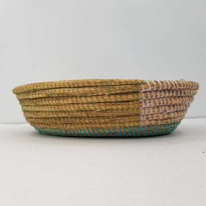 Handmade Senegal Woven Sea Grass Basket Recycled Plastic Astou Dioum Teal Wrap