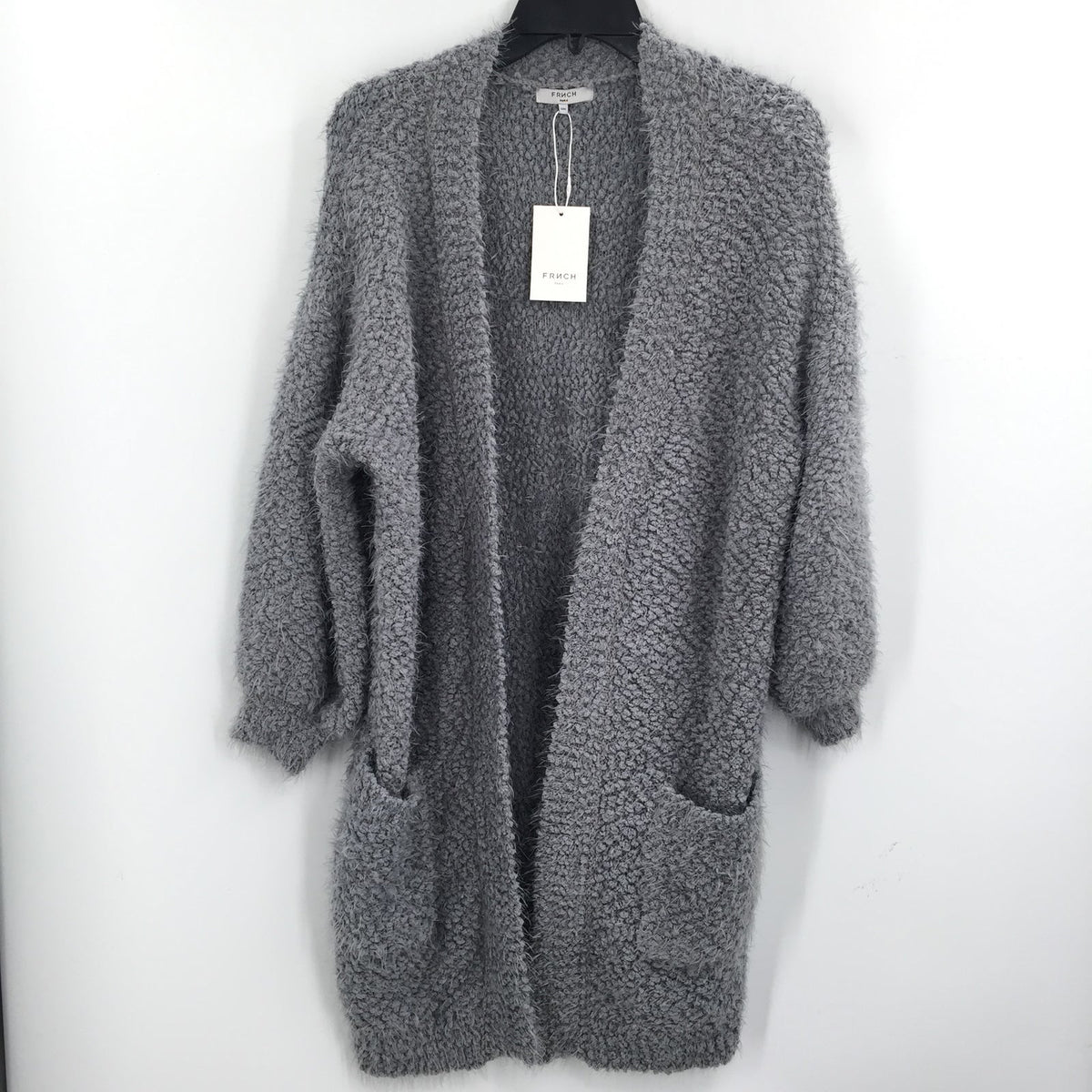 FRNCH Cardigan Sweater Open Front 3/4 Sleeve Two Pockets Solid Grey Small Medium