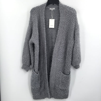 FRNCH Cardigan Sweater Open Front 3/4 Sleeve Two Pockets Solid Grey Small Medium