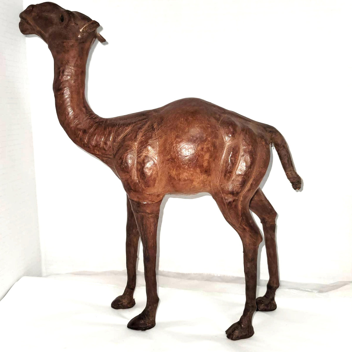 Vintage large Leather  wrapped sculpture camel 14" glass eyes souvenir handmade