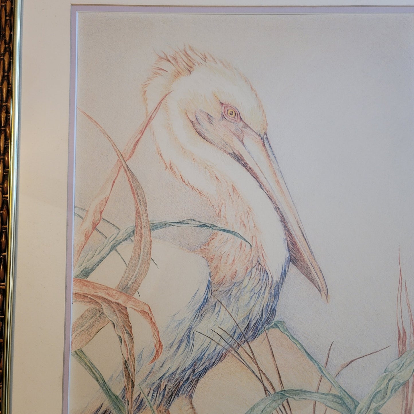 Original Louise Freshman Brown 1986 Framed Glass Blue heron / pelican pencil Art