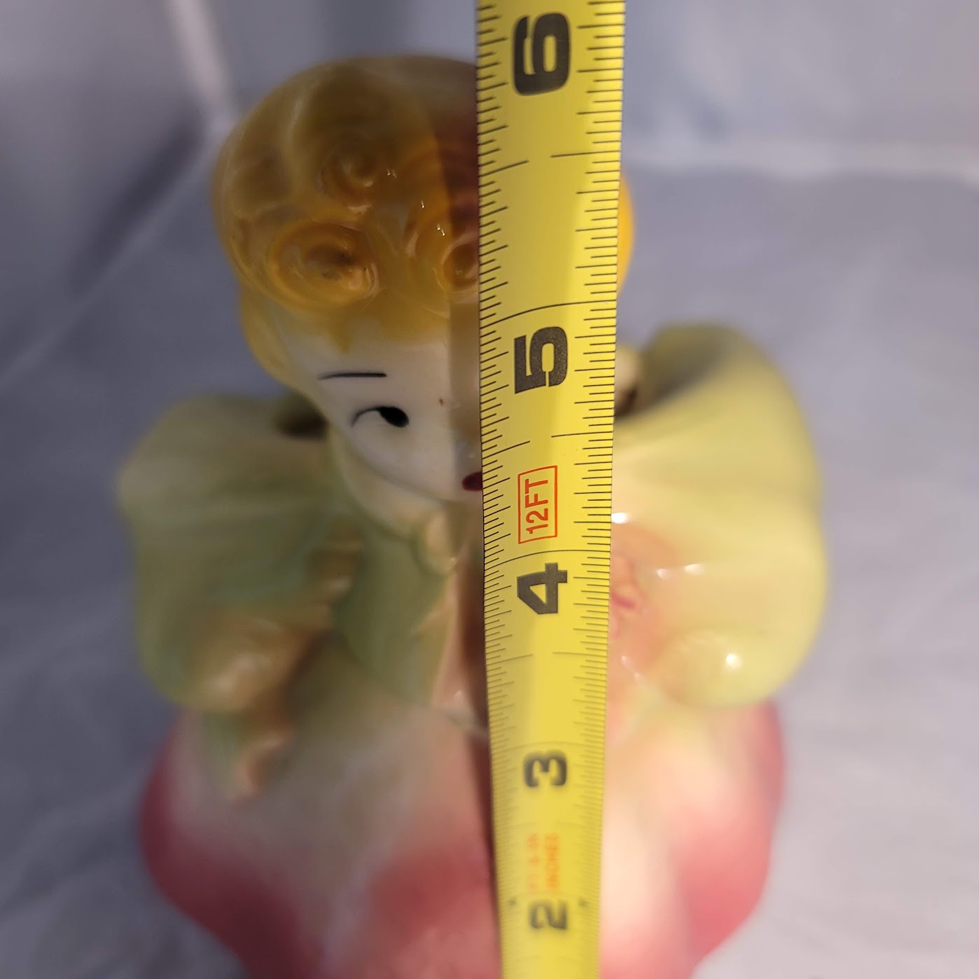 Vintage Ceramic Little Girl Planter Pink Yellow Ruffled Dress Vase 6"