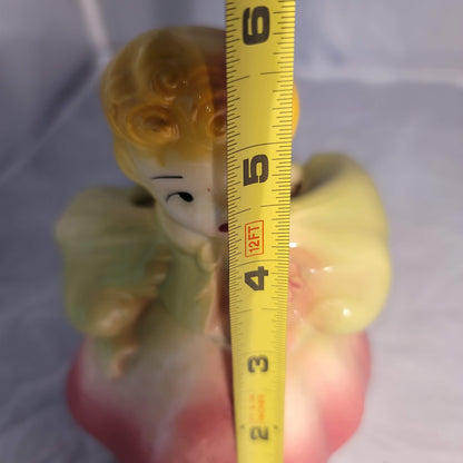 Vintage Ceramic Little Girl Planter Pink Yellow Ruffled Dress Vase 6"