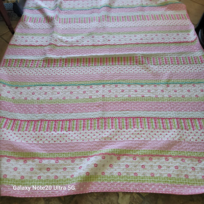 Pink Green Cream quilt Double sided 66" x 88" Twin Full Shabby Chic Vibes
