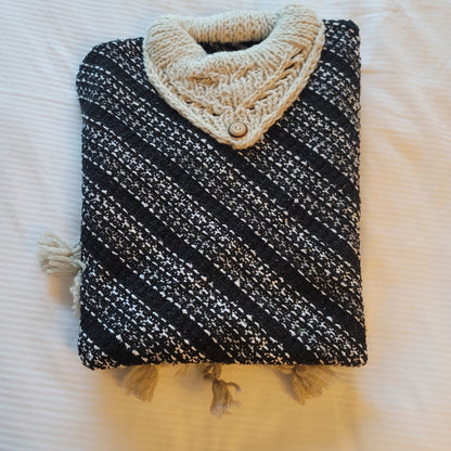 Handmade heavy poncho fringe wood button Winter One Size Multicolor Wool Cotton