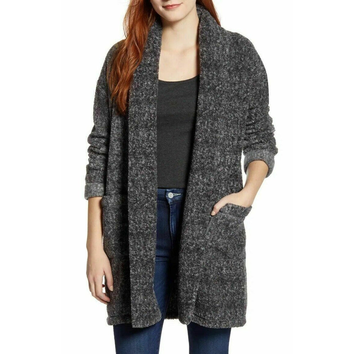Caslon Open Front Shawl Collar Faux Fur Jacket Long Sleeves Grey Size Medium