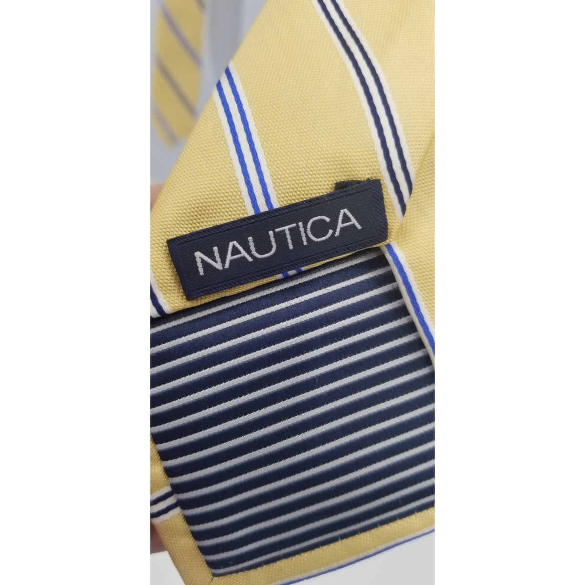 Nautica Mens wide Vintage Neck Tie Yellow Gold Blue Striped 60"