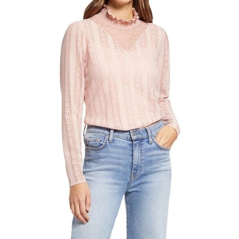 HALOGEN Lace Mock Neck Pullover Long Sleeve Blouse Top Size Large Pink Smoke NWT