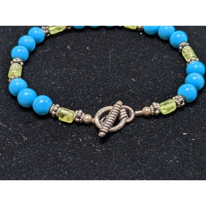 Vintage Handmade Turquoise Beaded Bracelet Green Glass Brass Accents 7.5 Inch