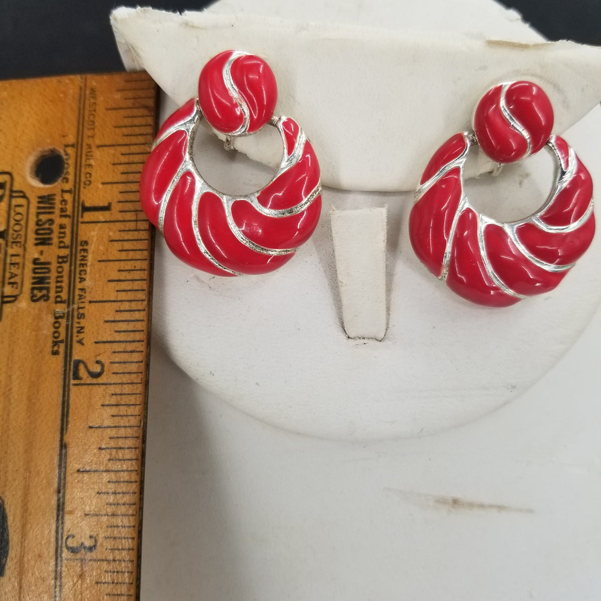 Vintage Red Sectioned Enamel Dangle Clip On Earrings Costume Jewelry