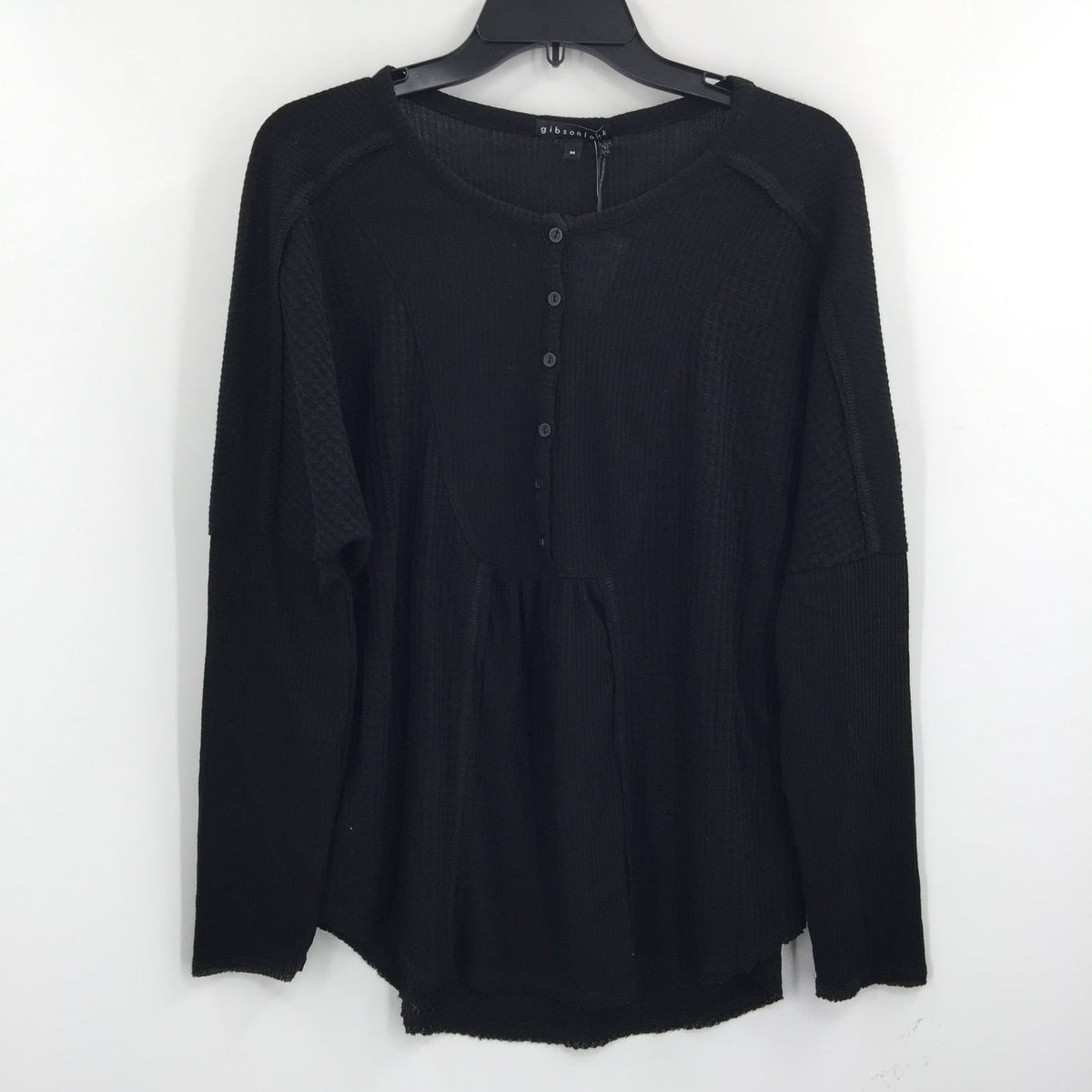 Gibsonlook Pullover Blouse Top Button Up Long Sleeve Mock Neck Black SZ Medium