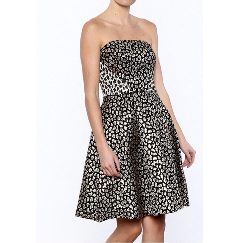 Ali & Jay Leopard Print Jacquard Strapless Flare Dress Black/Gold Medium NEW