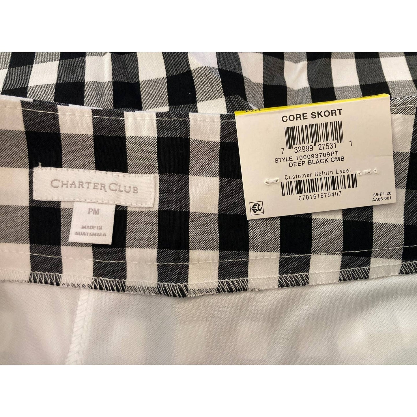 Charter Club NWT Gingham Pull-on Skort Deep Black Plaid Petite Medium