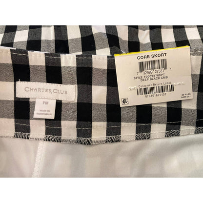 Charter Club NWT Gingham Pull-on Skort Deep Black Plaid Petite Medium
