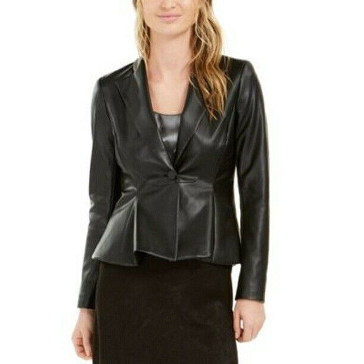 Bar III Women's Faux-Leather Front Button Peplum Jacket Long Sleeve Black Size 4