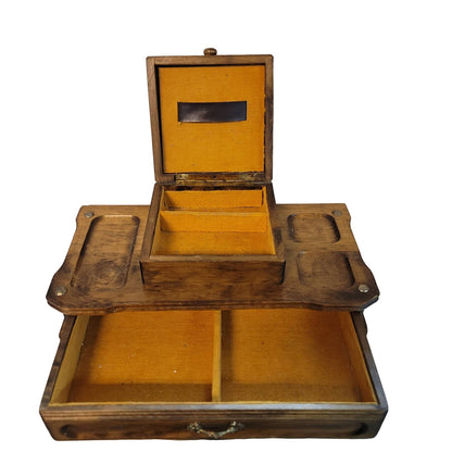 MCM tabletop valet Jewelry box Trinket Box Wood Rattan Vintage Watches rings