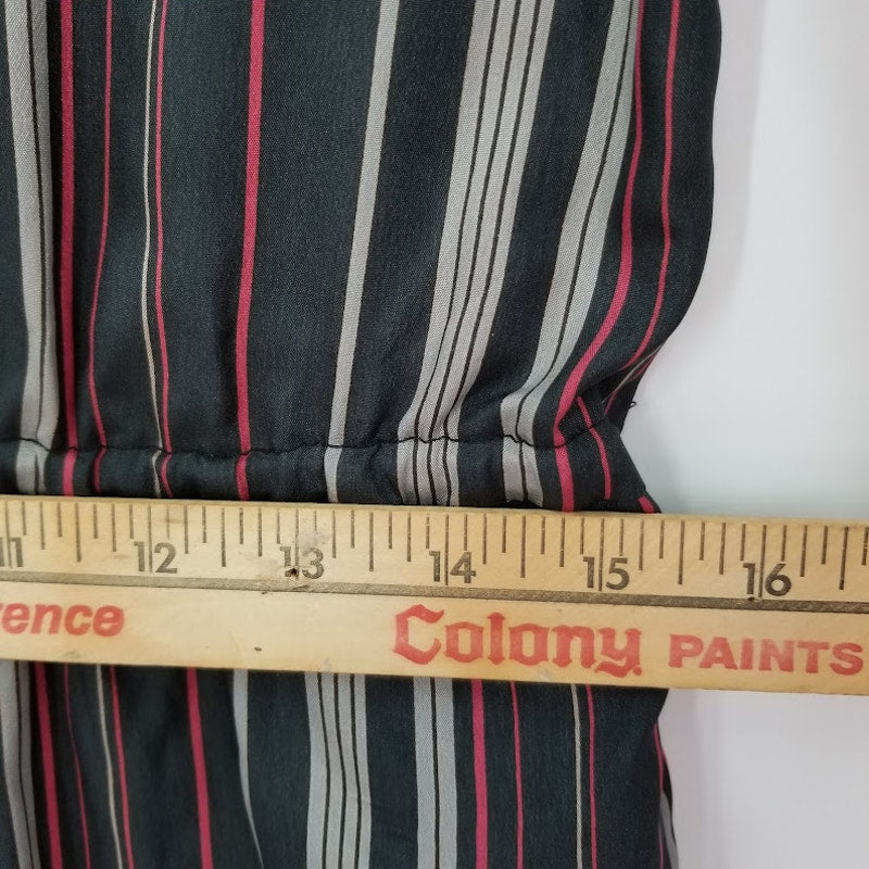 Vintage Long Sleeve Black Striped Elastic Waist Pockets Shirt Dress Modesty