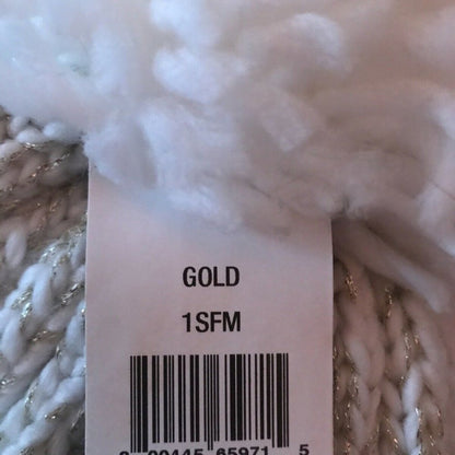 DKNY Flat-Stud Metallic Rib-Knit Beanie Hat PomPom White Gold Sparkles