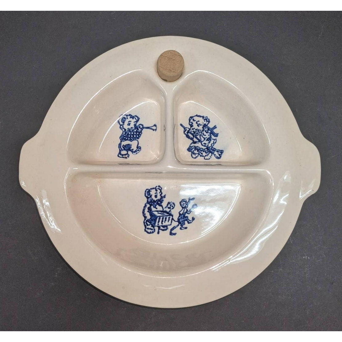 Vintage Excello Warming Hot Water Plate Children Teddy Bear Blue White Porcelain