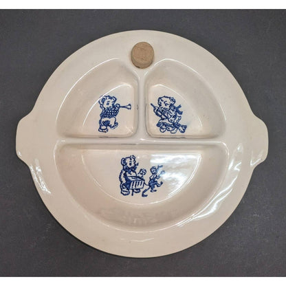 Vintage Excello Warming Hot Water Plate Children Teddy Bear Blue White Porcelain