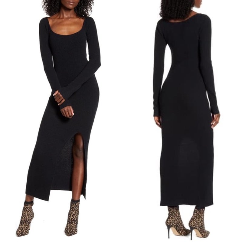 Leith Ribbed Side Slit Sweater Dress Long Sleeve Square Neck Black LIGHT Small
